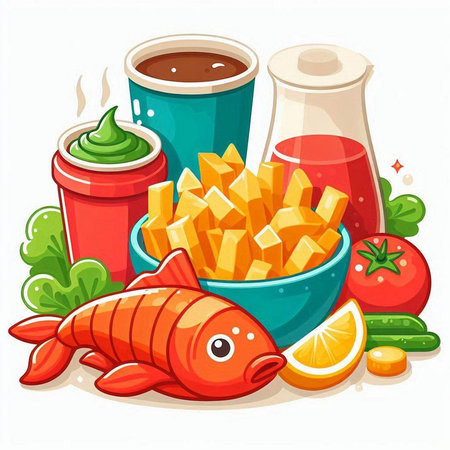 Fried fish, chips, vegetables and sauces. Vector illustration.のイラスト素材