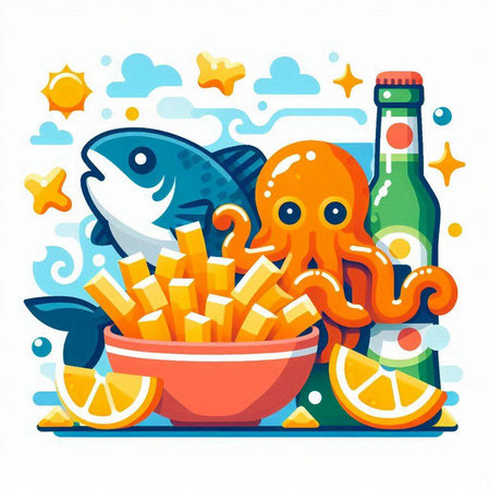 Fish and chips vector illustration. Seafoodpus, squid, squid, musselpus, french fries, lemon, bottle of beer.のイラスト素材