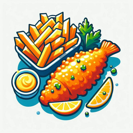 Fried fish with french fries and mayonnaise. Vector illustrationのイラスト素材