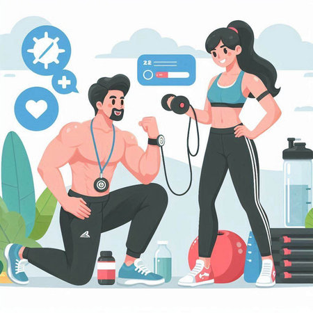 Man and woman in sportswear doing exercises with dumbbells. Vector illustrationのイラスト素材