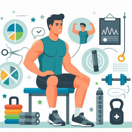 Fitness man in sportswear sitting on bench, doing exercises with dumbbells. Vector illustrationのイラスト素材