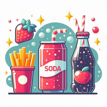 Bottles of soda, cherry, strawberry and french fries. Vector illustration.のイラスト素材