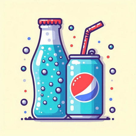 Bottle of soda with straw and water drops. Vector illustration.のイラスト素材
