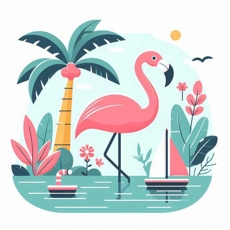 Flamingo on the background of palm trees and sea. Vector illustrationのイラスト素材