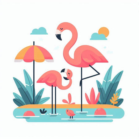 Pink flamingo on the beach. Vector illustration in flat cartoon styleのイラスト素材