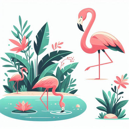 Set of flamingos and tropical plants. Vector illustration in cartoon style.のイラスト素材