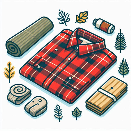 Vector illustration of a red checkered shirt, rolled up rolls of paper and autumn leaves.のイラスト素材