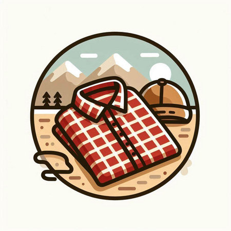 Vector illustration of a shirt in a circle with a tent and mountainsのイラスト素材