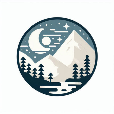 Mountains, pine trees, moon and stars. Vector illustration.のイラスト素材