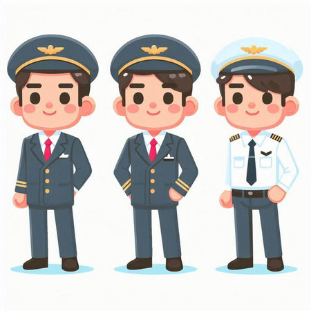Pilot and stewardess, set of three poses, vector illustrationのイラスト素材