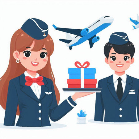 Airplane delivery service. Man and woman in uniform with parcels and gift boxes. Vector illustration.のイラスト素材