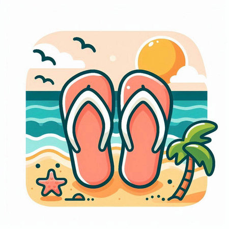 Flip flops on the beach. Vector illustration in flat styleのイラスト素材
