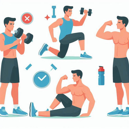 Fitness man workout with dumbbells. Vector illustration in cartoon styleのイラスト素材