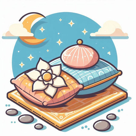 Illustration of a Bed with a Pillow, Moon and Starsのイラスト素材