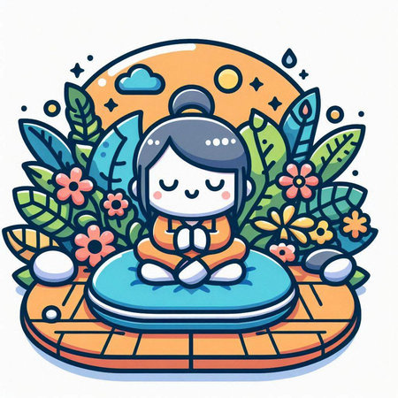 Illustration of a cute korean girl sitting on a mat in the parkのイラスト素材