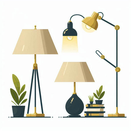 Vector illustration of set of home lamps, books and plants. Flat style.のイラスト素材