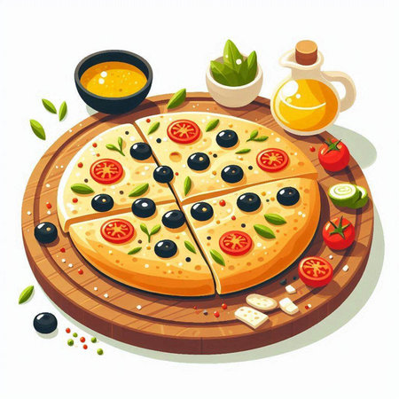 Pizza with olives, tomato and cheese on a wooden board. Vector illustrationのイラスト素材