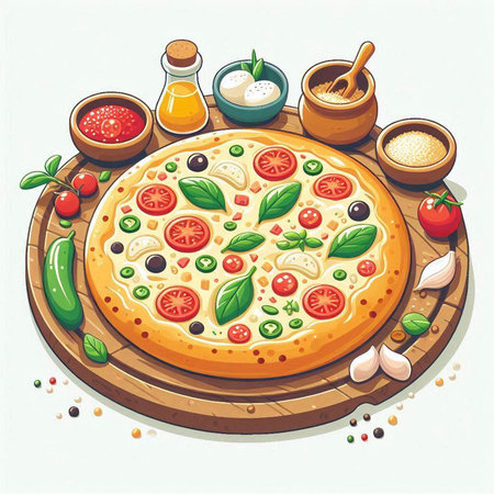 Pizza with tomatoes, mozzarella cheese, olives and basil. Vector illustrationのイラスト素材