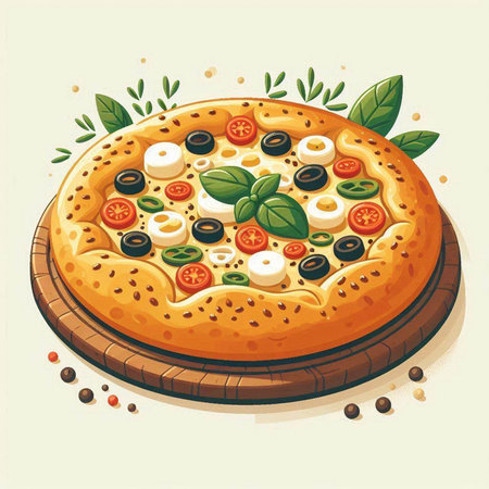 Pizza with mozzarella, olives, tomato and basilのイラスト素材