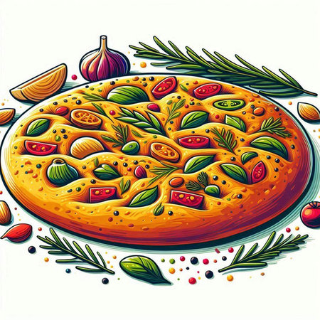 Illustration of pizza with tomatoes, olives, garlic and herbsのイラスト素材