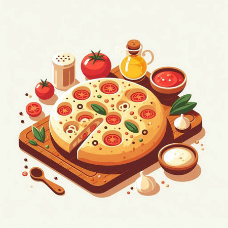 Pizza with tomato, mozzarella and basil. Vector illustration.のイラスト素材