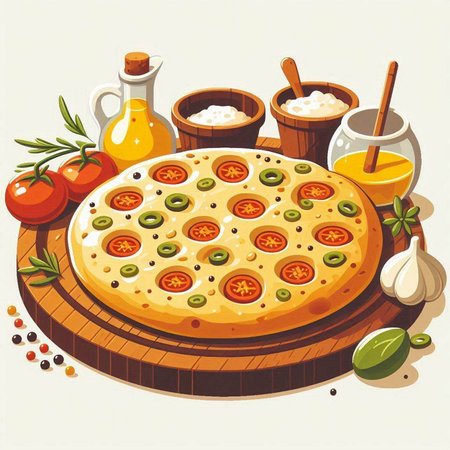 Illustration of a pizza on a wooden board with ingredients for cookingのイラスト素材