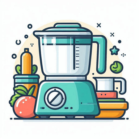 Kitchen blender with fruits and vegetables. Flat line style vector illustration.のイラスト素材
