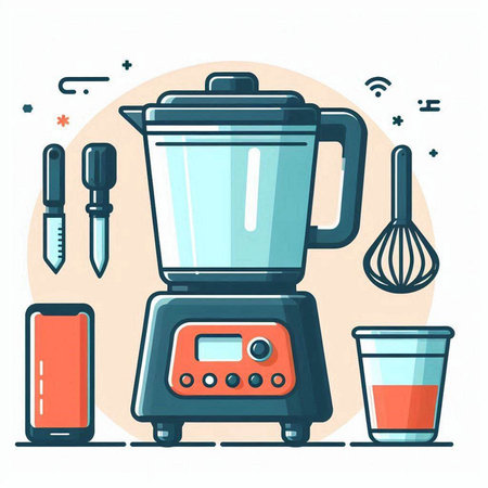 Modern flat style vector illustration of a blender, kitchen utensils and smartphone.のイラスト素材