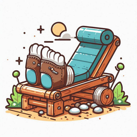 Hand drawn vector illustration or drawing of a vintage wooden deck chair with a pair of sneakers and binocularsのイラスト素材