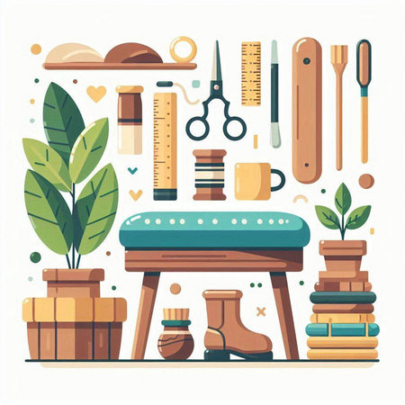 Vector illustration of a set of tools and accessories for a hobby.のイラスト素材