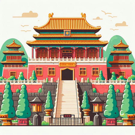 Chinese temple in the ancient city. Vector illustration on white background.のイラスト素材