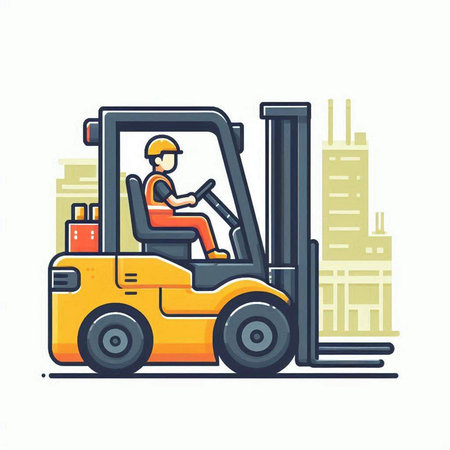Forklift truck in the city. Forklift driver. Vector illustrationのイラスト素材
