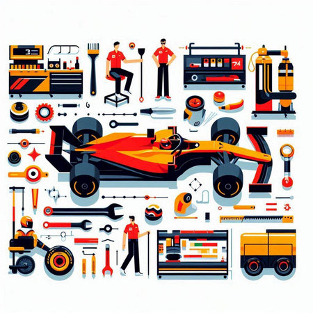 Car service and repair. Auto mechanic and auto mechanic. Mechanic with tools and instruments. Vector illustrationのイラスト素材