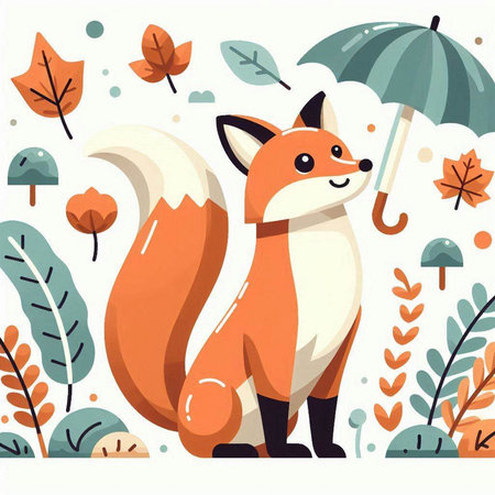 Cute cartoon fox with umbrella in autumn forest. Flat vector illustration.のイラスト素材
