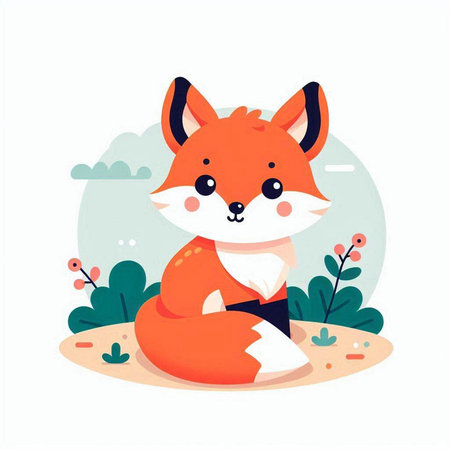 Cute little fox character sitting on the ground. Vector illustration.のイラスト素材