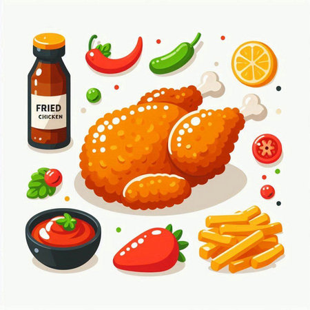 Vector illustration of fried chicken with sauce, french fries and vegetables.のイラスト素材