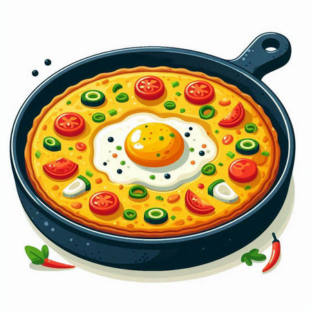 Illustration of a fried egg in a frying pan with tomato and onionのイラスト素材