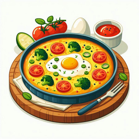 Omelette in frying pan with vegetables and spices. Vector illustration.のイラスト素材