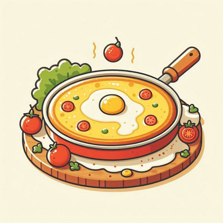 Illustration of a fried egg in a frying pan with vegetables on a wooden boardのイラスト素材