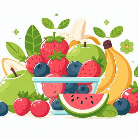 Fruits and berries in a bowl on a white background. Vector illustration.のイラスト素材