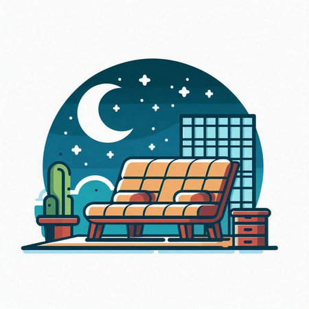 Vector illustration of a cozy bench on the background of the night city.のイラスト素材