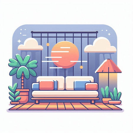 Vector illustration of a cozy living room with a sofa, palm trees, sun and clouds.のイラスト素材