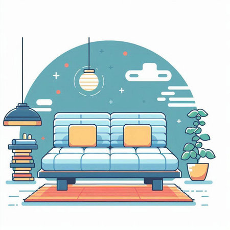 Vector illustration of living room with sofa, lamp and plants. Flat style.のイラスト素材