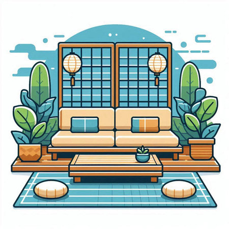 Living room with sofa, coffee table and plant. Vector illustration.のイラスト素材