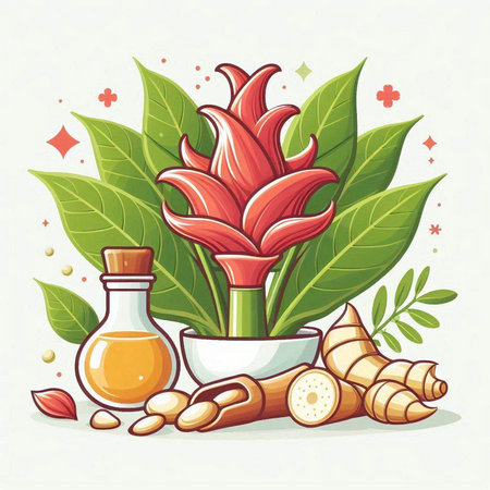Ginger root and essential oil in a bottle. Vector illustration.のイラスト素材