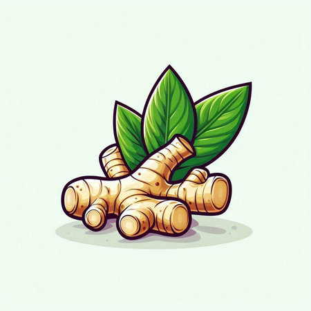Fresh ginger root and leaves isolated on white background. Vector illustration.のイラスト素材