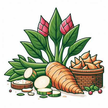 Illustration of a bunch of radish with leaves and a basket of carrotsのイラスト素材