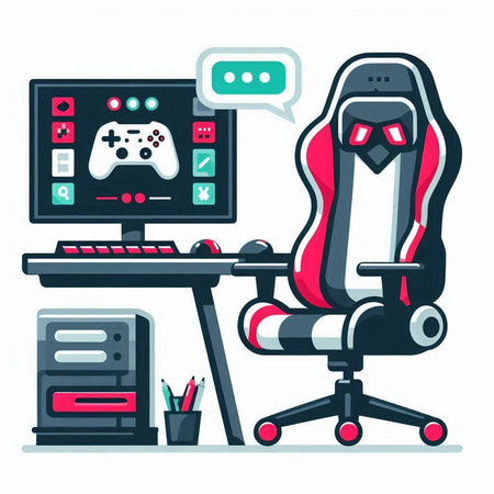 Vector illustration of gamer workspace with computer, chair, gamepad, mouse, keyboard, mouse, joystick and headphones.のイラスト素材