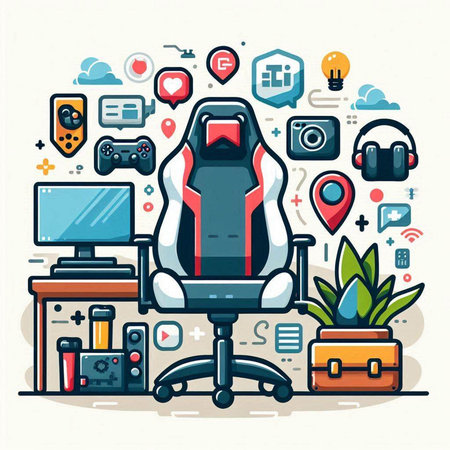 Vector illustration in flat linear style - office chair, headphones, camera, briefcase and other items.のイラスト素材