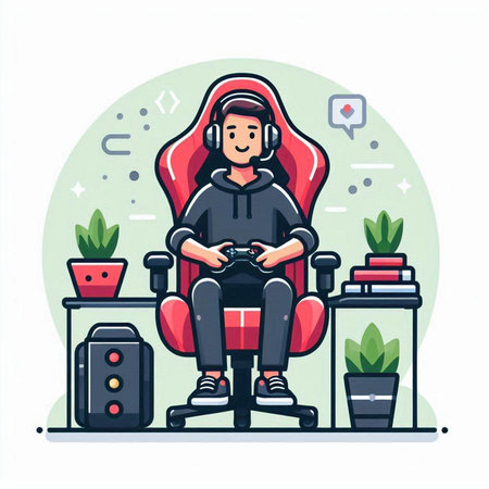 Gamer sitting in a chair and playing video games. Vector illustration.のイラスト素材